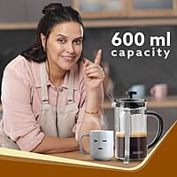 AGARO Classic French Press Coffee And Tea Maker, Borosilicate Glass Body With Sleeves, Glass Carafe, BPA Free Plastic Lid Strainer, 600Ml