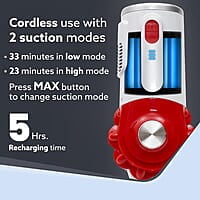 AGARO Regency Cordless Stick Vacuum Cleaner, Dry Vacuuming, 2 Suction Modes, 7 kPa Suction Power