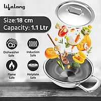 Lifelong LLTPDK005 Triply Deep Kadai with Riveted Handles with Stainless Steel Lid 1.7 litres Capacity 20 cm