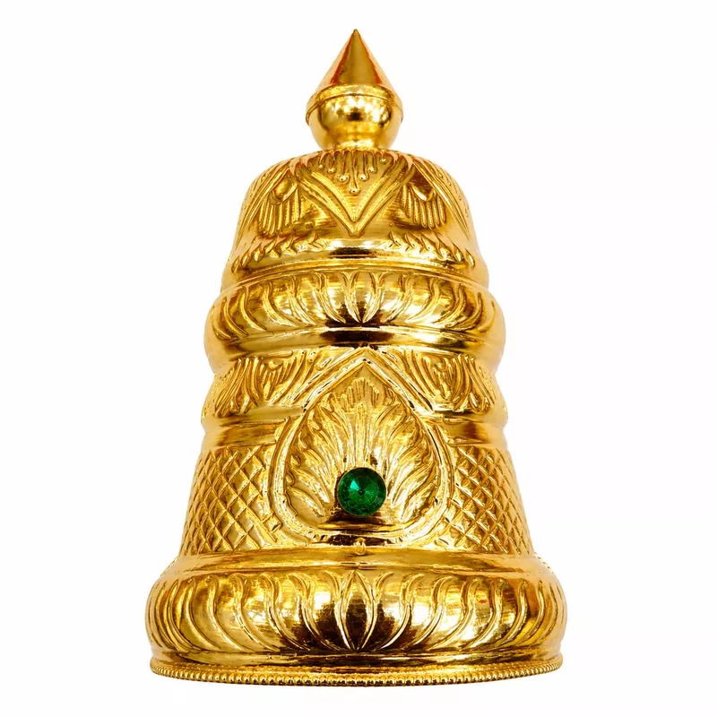 Traditional Gold Plated Crown Kalasam for Deity | Decorative Temple Head Crown with Blue Stone