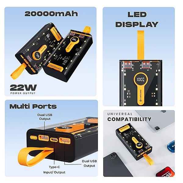 Lapcare Bolt Pro LPB‑405 20000 mAh Li‑Polymer power bank with dual USB‑A + Type‑C ports, 22.5 W fast charging, digital display, and multi‑protection.