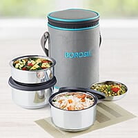 Borosil Carry Fresh Prime Stainless Steel Luncboxes with Carry Bag, Set of 3 (280 ml x 2, 180 ml x 1)
