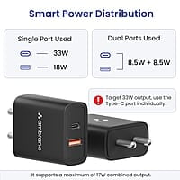 Ambrane 33W USB & Type-C Dual Port Fast Wall Charging Adapter with QC & PD Technology Compatible