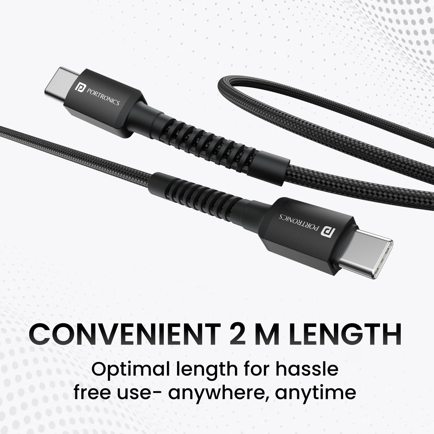 Portronics Konnect X – 60W Type-C to Type-C Cable, 2M, fast charging, durable design, supports data transfer, compatible with various devices, ideal for home and office use, tangle-free.