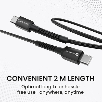 Portronics Konnect X 60W Type C to Type C Unbreakable Nylon Braided Cable, 2M Fast Charging Cable for iPhone 15 series, iPad, Samsung Galaxy & other Type C Devices Portronics Konnect X 60W Type C to Type C Unbreakable Nylon Braided Cable, 2M Fast Charging Cable for iPhone 15 series, iPad, Samsung Galaxy & other Type C Devices