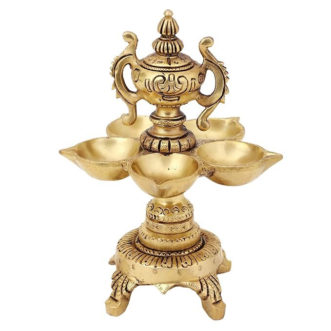 Brass World Cup Deepam With Five Wick Diya - 7 Inch Height