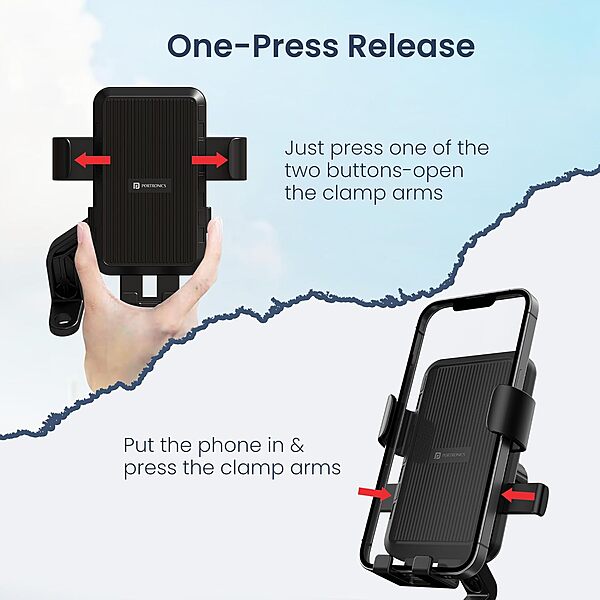 Portronics Mobike 5 – A versatile scooter phone holder designed for secure mirror mounting. Perfect for navigation on the go, it ensures your phone stays in view while riding safely.