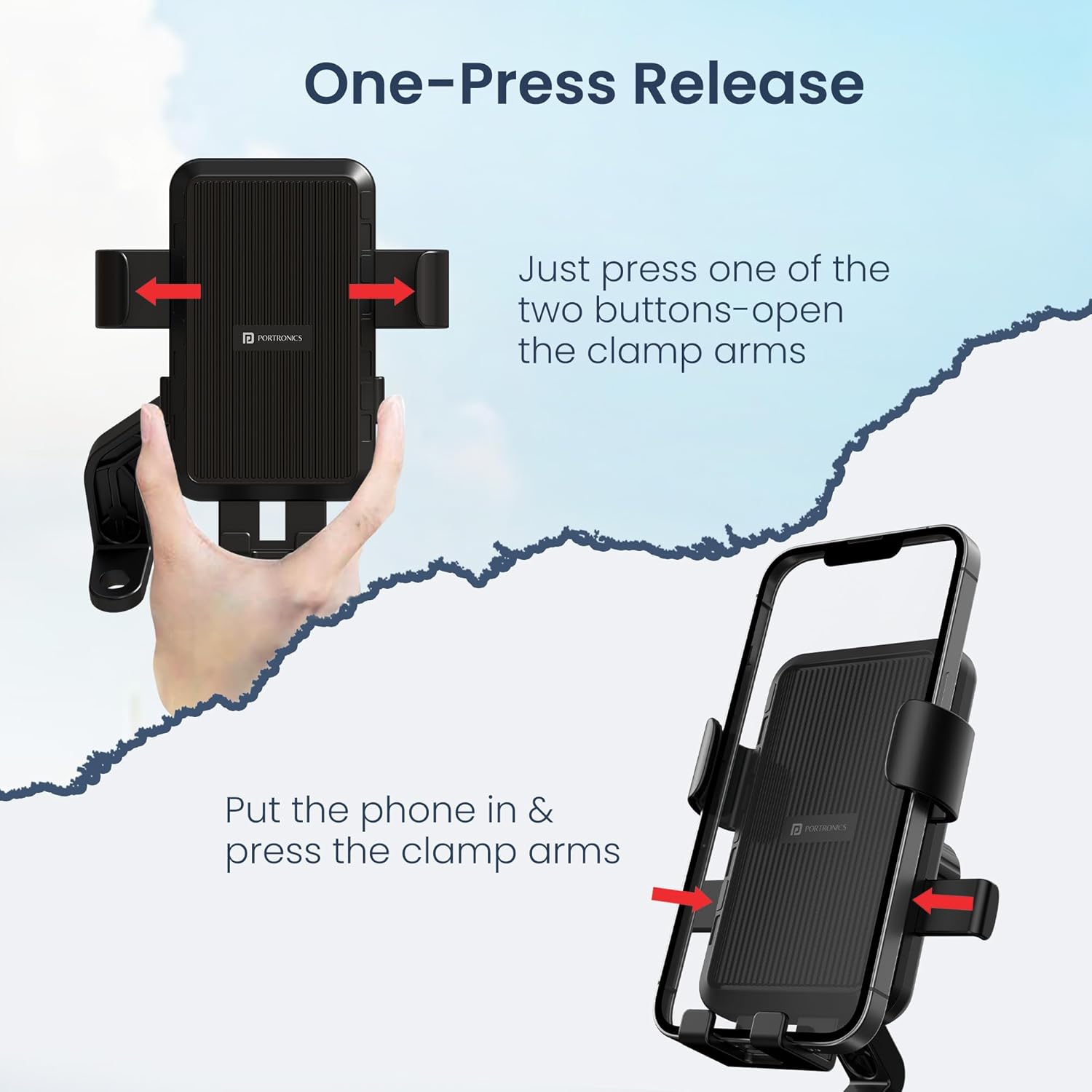 Portronics Mobike 5 – A versatile scooter phone holder designed for secure mirror mounting. Perfect for navigation on the go, it ensures your phone stays in view while riding safely.