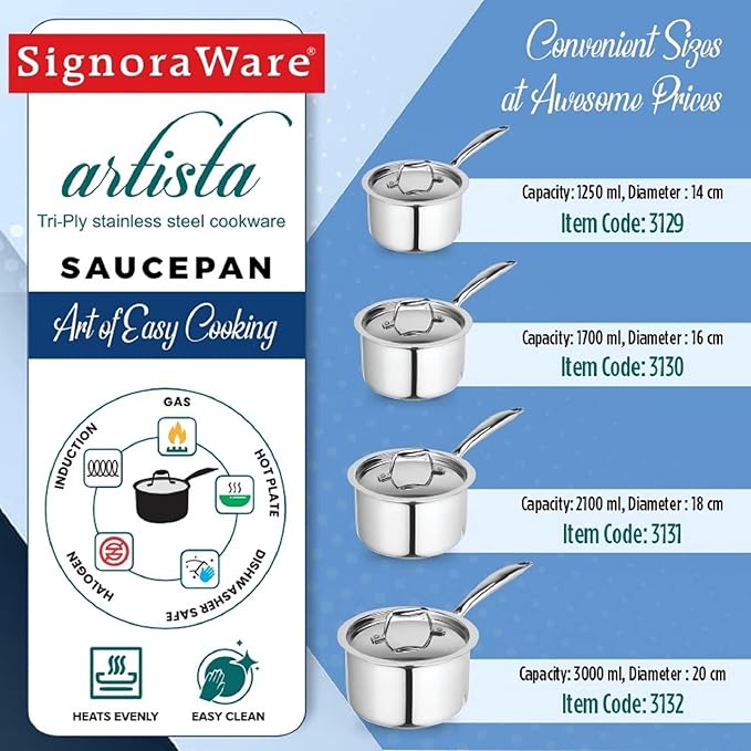 Signora Ware Artista Tri- play Sauce Pan Witht Lid 2100 ML (18 CM)
