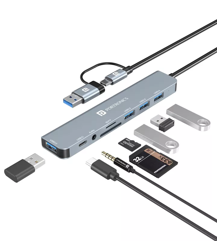 Portronics Mport 8 Plus – Dual Hub, 8-in-1, USB & Type-C, offers versatile connectivity with multiple ports for seamless data transfer and charging, perfect for modern devices and multitasking.
