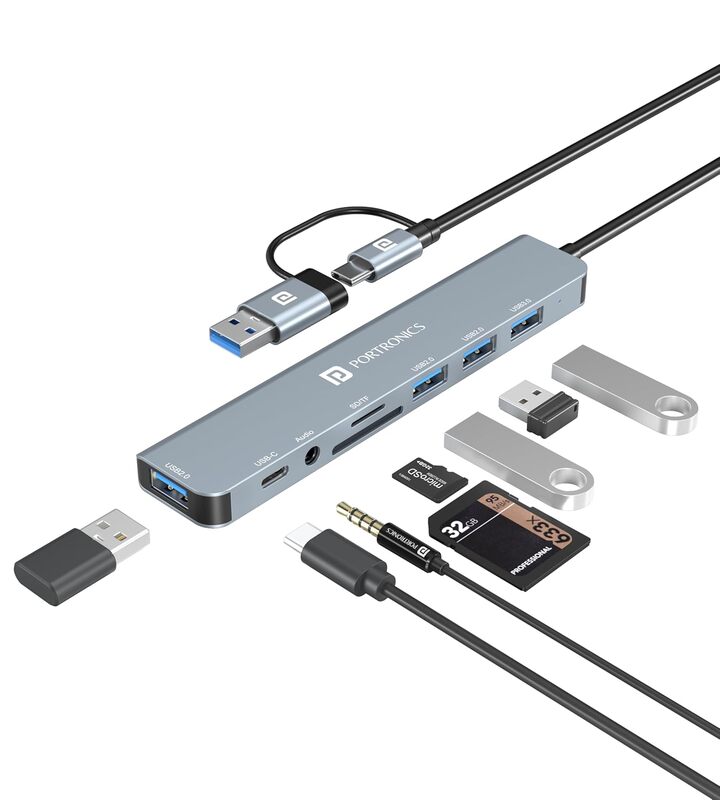 Portronics Mport 8 Plus – Dual Hub, 8-in-1, USB & Type-C, offers versatile connectivity with multiple ports for seamless data transfer and charging, perfect for modern devices and multitasking.