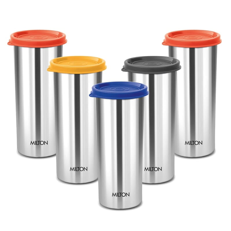 MILTON Stainless Steel Tumbler with Lid Set of 5, 530 ml Each, Assorted (Lid Color May Vary)