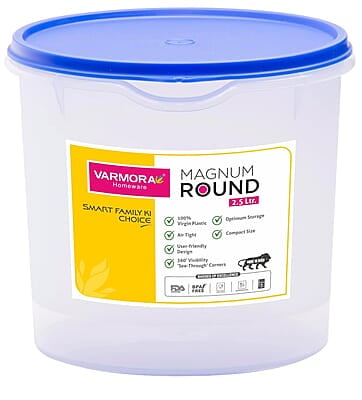 Varmora Magnum Round Smart Kitchen Storage Plastic Container – Blue Lid (2.5 Litres) (Pack of 1)