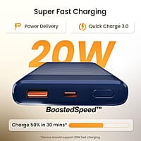 Ambrane 10000mAh Slim Power Bank, 20W Fast Charging, Dual Output, Type C PD (Input & Output), Quick Charge