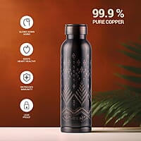 MILTON Copper Swasth Water Bottle, 940 ml, Black Ethnic Lacquer Coating, Curved bottle