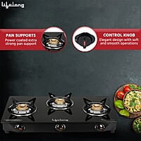 Lifelong 3 Burner Gas Stove Top for Kitchen - Manual Ignition Cooktop Modern Glass Stove for Modular Kitchen, ISI Certified