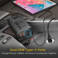 Portronics Zaptor 200W Car Inverter – Dual AC Sockets | Type-C PD & USB-A Fast Charging | Black