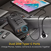 Portronics Zaptor 200W Car Inverter – Dual AC Sockets | Type-C PD & USB-A Fast Charging | Black