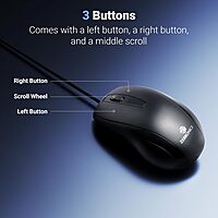 Zebronics Zeb-Alex Wired Mouse – USB, 3 Buttons, Ergonomic design, High precision, Smooth tracking, Ideal for gaming and office use, Plug and play, Compatible with Windows and Mac systems.