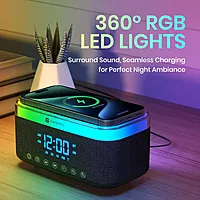 Portronics Trifusion 16W Bluetooth Speaker – HD Sound | 15W Wireless Charging | 360° RGB LED Lights | Digital Clock with Alarm | USB/SD Card/AUX | Type-C Charging | Black