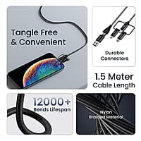 Ambrane 6-in-1 60W Fast Charging Cable with Micro, Type C & iPhone Support, Compatible with all devices