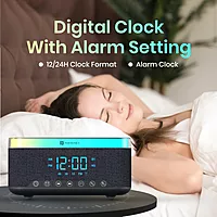 Portronics Trifusion 16W Bluetooth Speaker – HD Sound | 15W Wireless Charging | 360° RGB LED Lights | Digital Clock with Alarm | USB/SD Card/AUX | Type-C Charging | Black