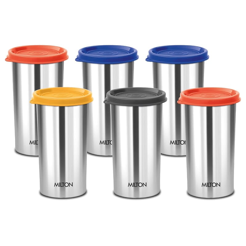 MILTON Stainless Steel Tumbler with Lid Set of 6, 415 ml Each, Assorted (Lid Color May Vary)