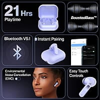 Ambrane Dots Sense True Wireless Earbuds with 21 Hours Playtime,Environmental Noise Cancellation (Enc),10Mm Drivers with Boostedbass,Bluetooth V5.1,Ipx4 Splash Proof
