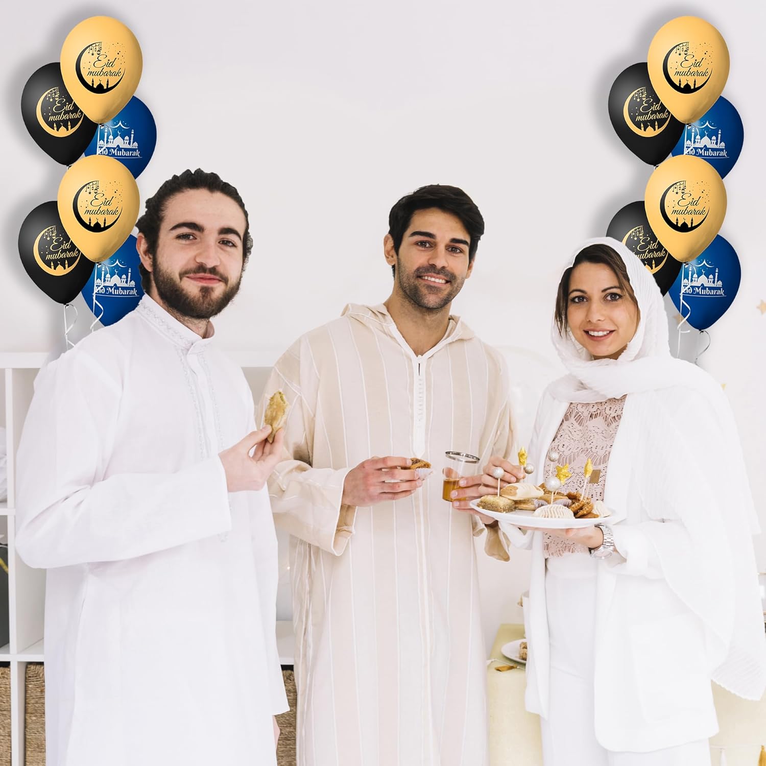 Pack of 15pcs Eid Mubarak Balloons for Ramadan Decorations – Black, Gold & Blue Latex Balloons for Eid Party & Home Decor