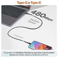 Ambrane 60W Type C to Type C Cable with 3A Fast Charging, 1.2M Braided cable for Smartphones, Tablets, Laptops & other Type C devices, PD Technology, 480Mbps Data Sync (ABCC-12T