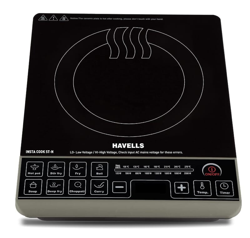 Havells Insta Cook St-N Energy Efficent Induction (Black), 2000 Watt, With 9 Cooking Option, Digital Led Dispay