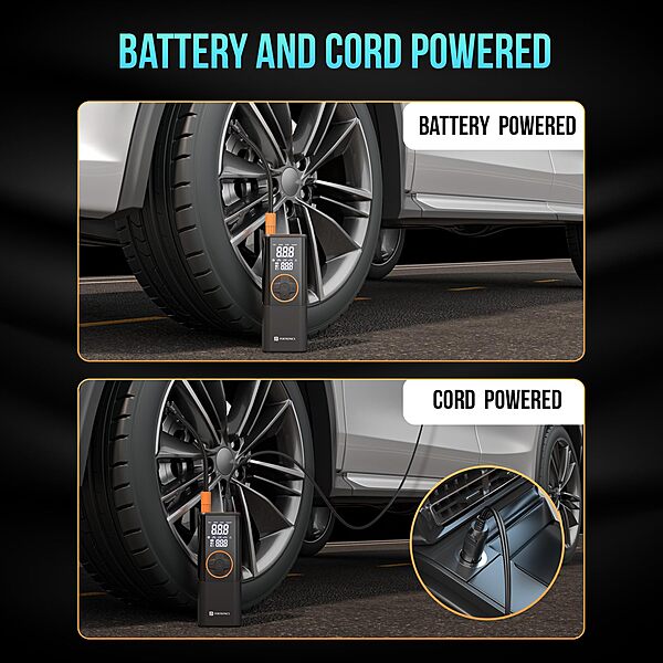 Portronics Vayu 4.0 – 2-in-1 Tyre Inflator, Black. Compact and portable, this device inflates tyres quickly and features a built-in LED light for nighttime use. Ideal for cars and bikes.