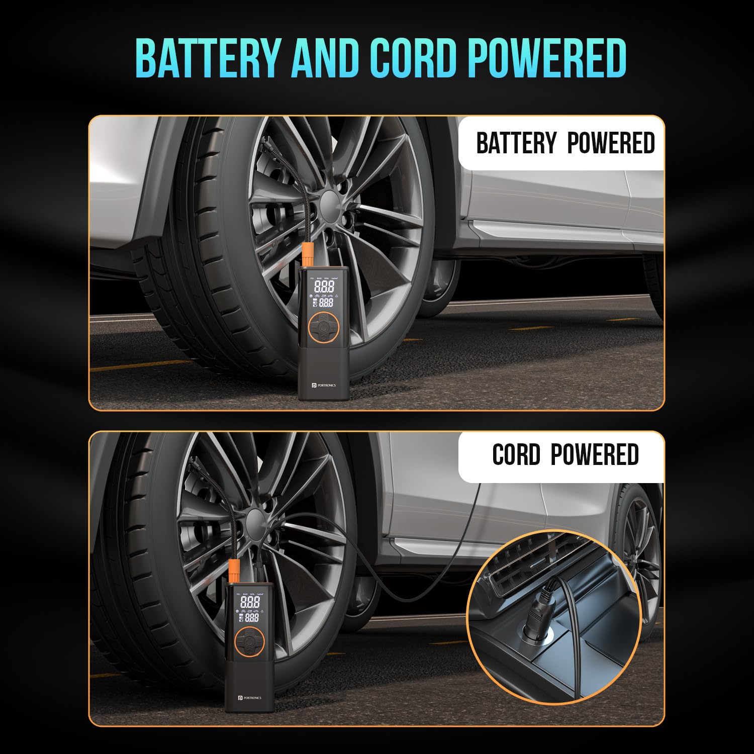 Portronics Vayu 4.0 – 2-in-1 Tyre Inflator, Black. Compact and portable, this device inflates tyres quickly and features a built-in LED light for nighttime use. Ideal for cars and bikes.