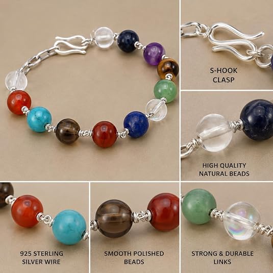 925 Sterling Silver 7 Chakra Bracelet – Natural Chakra Stone Adjustable Bracelet for Men & Women