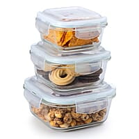 AGARO Borosilicate Glass Container with Lids, 3 pcs Set, 320ml, 520ml & 800ml Square