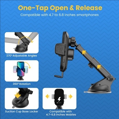 Portronics Charge Clamp 3 Wireless Car Charger with 15 Watts Fast Charging (Qi Compatible), Free Type-C Cable, 360° Rotation, for iPhone & Android Smartphones (Black) Portronics Charge Clamp 3 Wireless Car Charger with 15 Watts Fast Charging (Qi Compatible), Free Type-C Cable, 360° Rotation, for iPhone & Android Smartphones (Black)