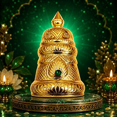 Traditional Gold Plated Crown Kalasam for Deity | Decorative Temple Head Crown with Blue Stone