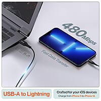 Ambrane USB to Lightning 3A Fast Charging Braided Cable Compatible for iPhone 14,13, 12,11, X, 8, 7, 6, 5, iPad, Macbook, iMac, AirPods, 480Mbps Data Sync, 1.5Meter Long (RCL -15