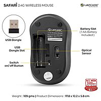 Lapcare Safari‑006 (LWM‑006): dual Bluetooth 5.0 & 2.4 GHz wireless, ergonomic design, 1600 DPI sensor, plug‑and‑play, 1‑yr warranty.