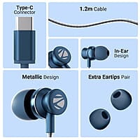 ZEBRONICS BUDS C10 in-Ear Type-C Earphone with in-line Mic, Metallic Design, Volume Control, 1.2m Cable, 10mm Driver