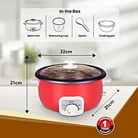 AGARO Regal Electric Multi Cooking Pot, 3L, 1200W, Steamer, Fryer, Aluminium Pot, Glass Lid