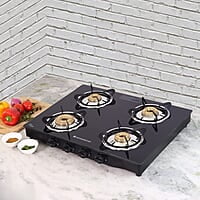 Wonderchef Glory 4 Burner Glass Cooktop, Black 8mm Toughened Glass Ergonomic Knobs Ergonomic Knobs