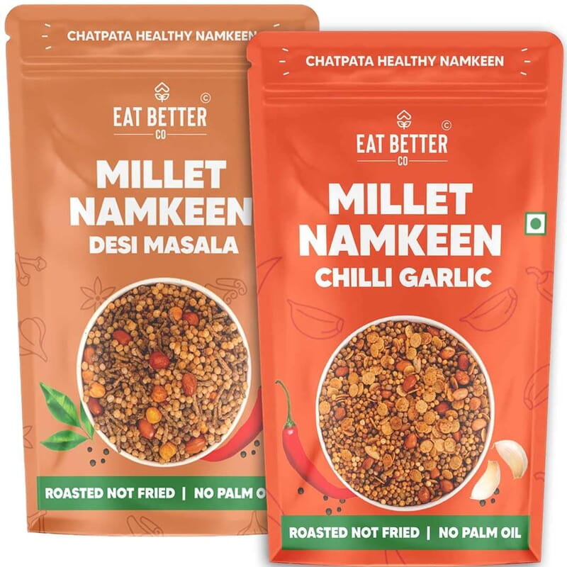 Eat Better Co - Millet Namkeen Combo - Chilli Garlic & Desi Masala - Healthy Snacks - Roasted, Not Fried | No Palm Oil | Healthy Replacement of Chips & Bhujia - Pack of Two - 200 grams