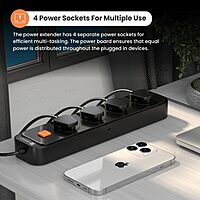 Portronics Power Plate 12 Extension Board – 4 Sockets, 1500W, 2m Cord, Black