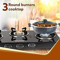 AGARO Elite 3 Burners Gas Stove, Toughened GlassTop, Round Brass Burners, 1 Small, 1 Medium & 1 Big Size Burner