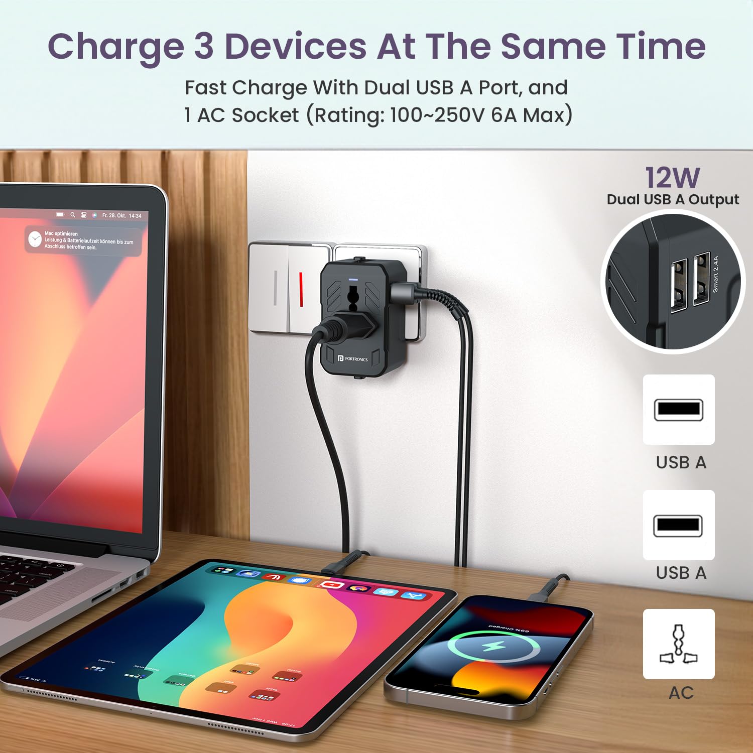 Portronics Juicemate 2 Universal Travel Adapter – Dual USB-A 12W Output | Black