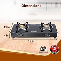 AGARO Elite 2 Burners Gas Stove, Toughened Glass Top, Round Brass Burners, 1 Small & 1 Medium Size Burner