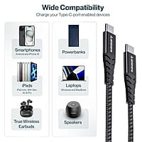 Ambrane 100W Type-C To Type-C Fast Charging Cable Compatible With iPhone 15,Samsung,Oneplus,Google Pixel,Laptop,Macbook&Type C Devices,480Mbps Data Sync,Braided Cable,1.5M Length(Abcc-100
