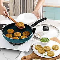 Borosil ProChef Non-Stick Deep Pan with Lid 26 cm | Gas Stove Compatible, Thick Uniform Body for Even Heating | PFOA Free, Blue Exterior, Stir Frying Pan for Eggs, Cutlets, 1 Year Warranty