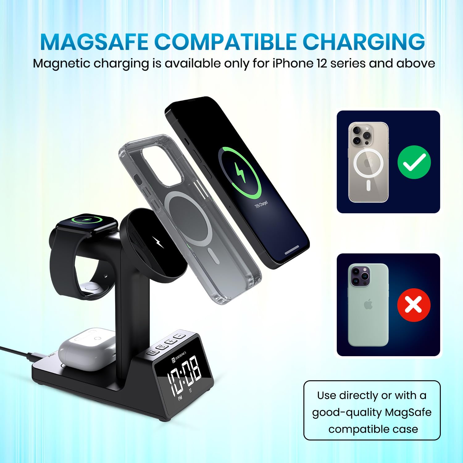 Portronics Bella 2 – 15W MagSafe Charger with Clock, 3-in-1 design, charges iPhone, AirPods, and Apple Watch simultaneously. Sleek, compact, perfect for bedside or office use. Fast charging!